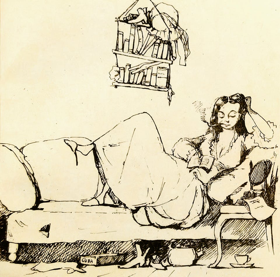 feministiskt manifest En skämtteckning från 1859 visar en cigarrökande »Mamsell Chrinolina« som läser Sagers Menniskans rättigheter.